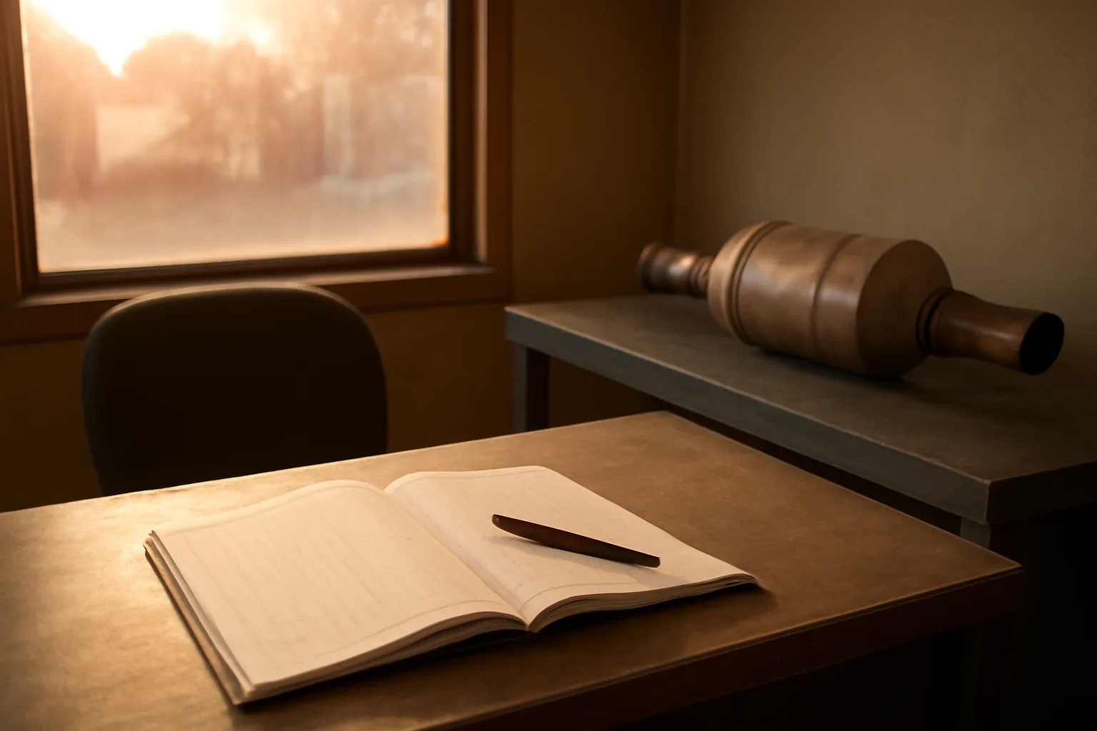 Desk inside an Arkansas scrap metal office with a VIN logbook and a catalytic converter.