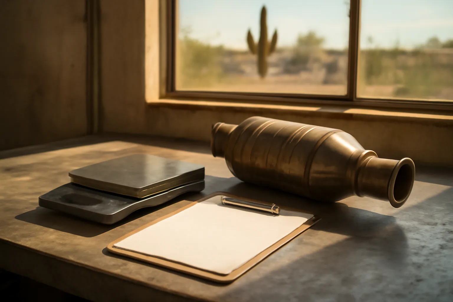 A cat converter desk with a scale and clipboard in Arizona sunlight