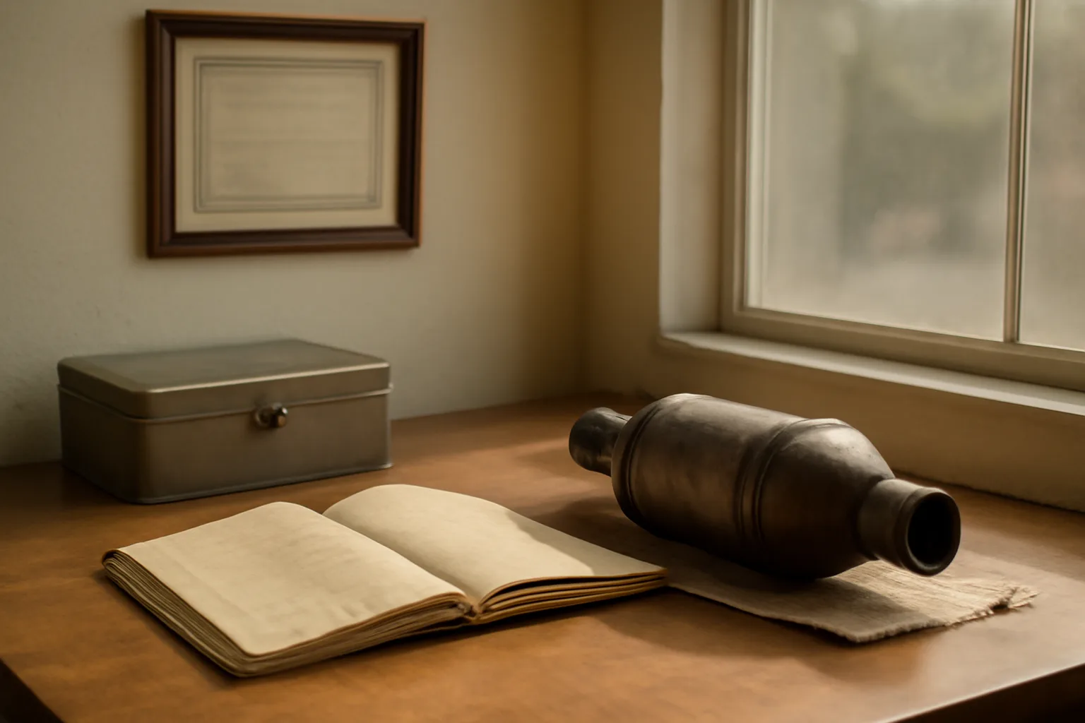 Desk with DMV license and catalytic converter on a work table in a California office