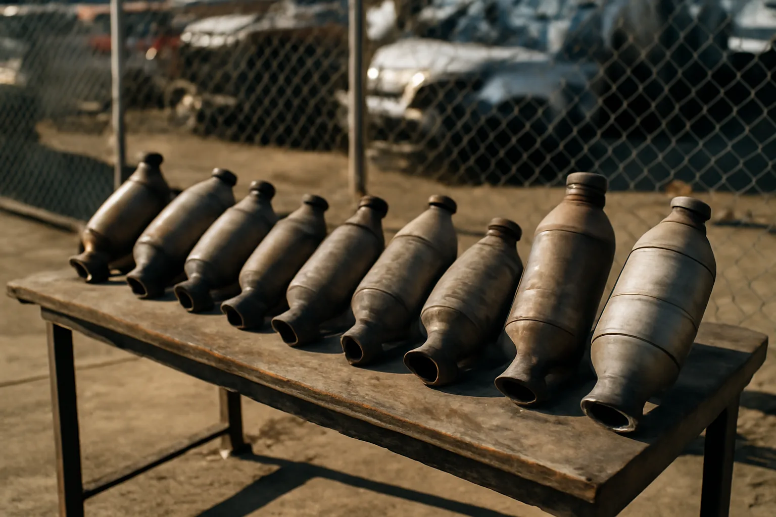 Catalytic converters sorted on a metal workbench in an Alabama salvage yard