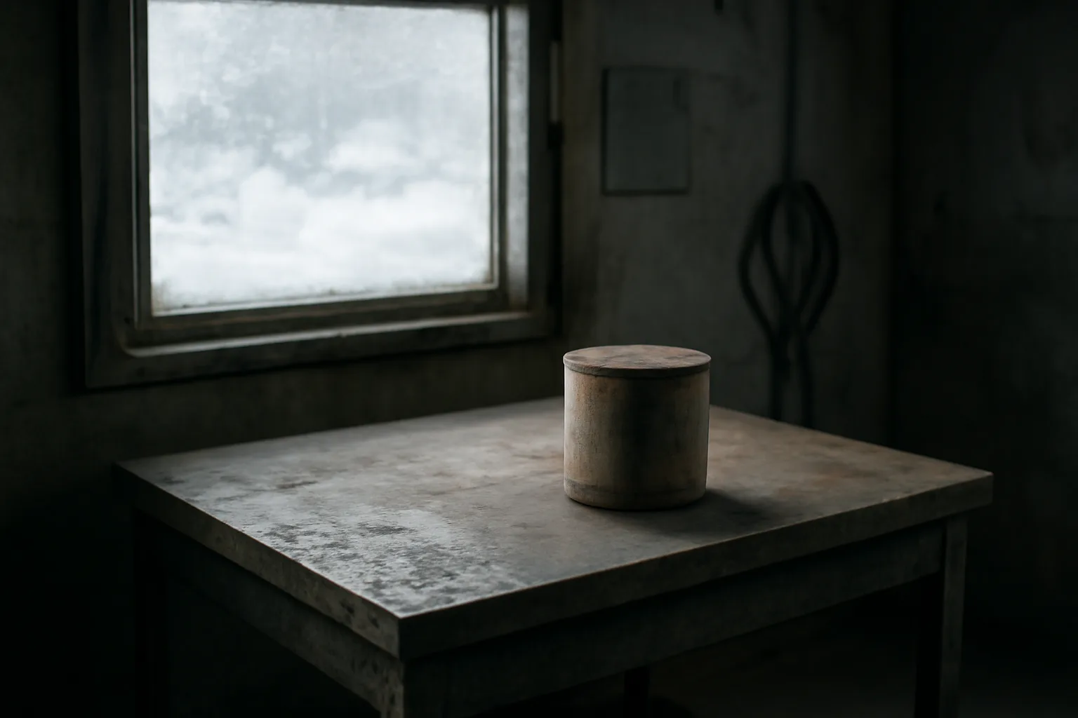 Catalytic converter core on a metal workbench in an Alaska industrial garage