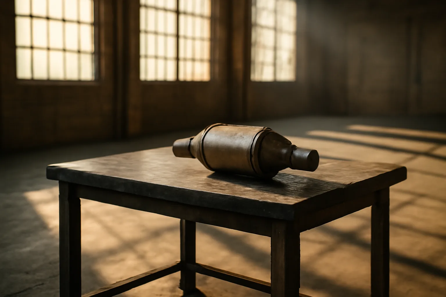Unmarked catalytic converter on a steel table in a California warehouse