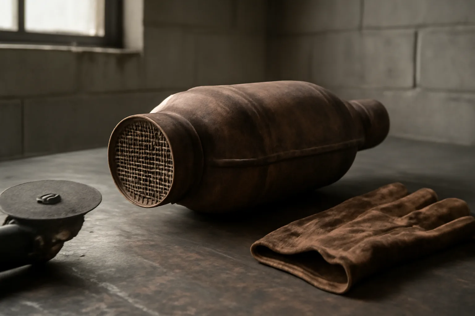 Catalytic converter on a work table in a Connecticut garage