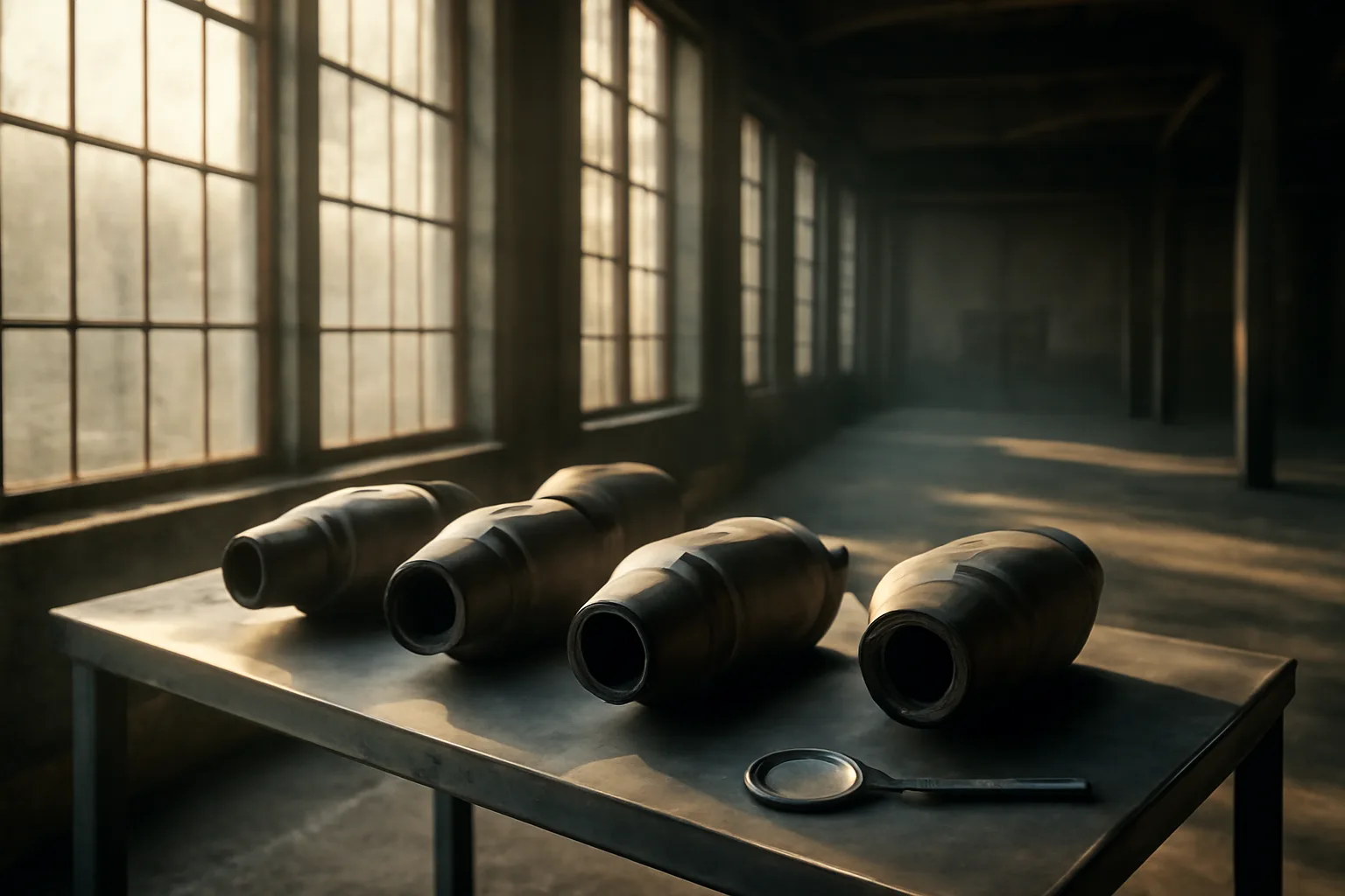 Catalytic converter shells on a steel table in Delaware