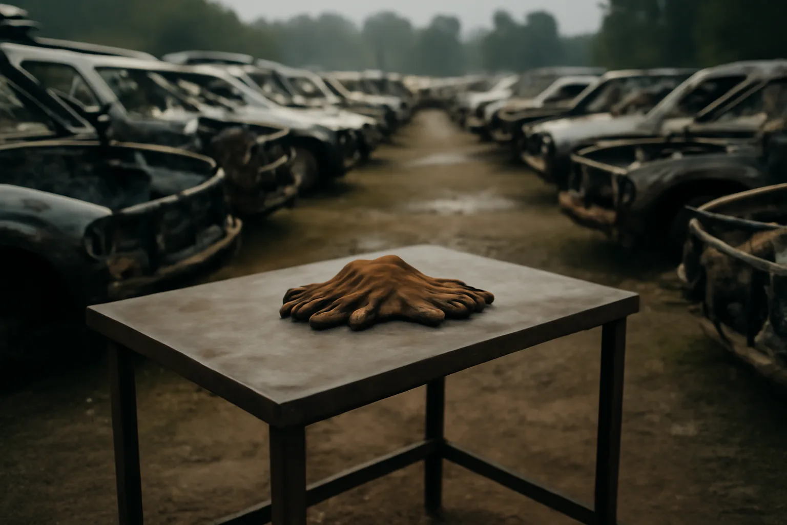 Auto salvage yard worktable with mechanic gloves, cat converter desk setting