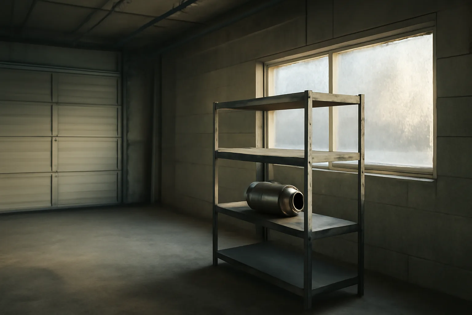 Bare Alaska industrial workspace with a catalytic converter core on a metal shelf