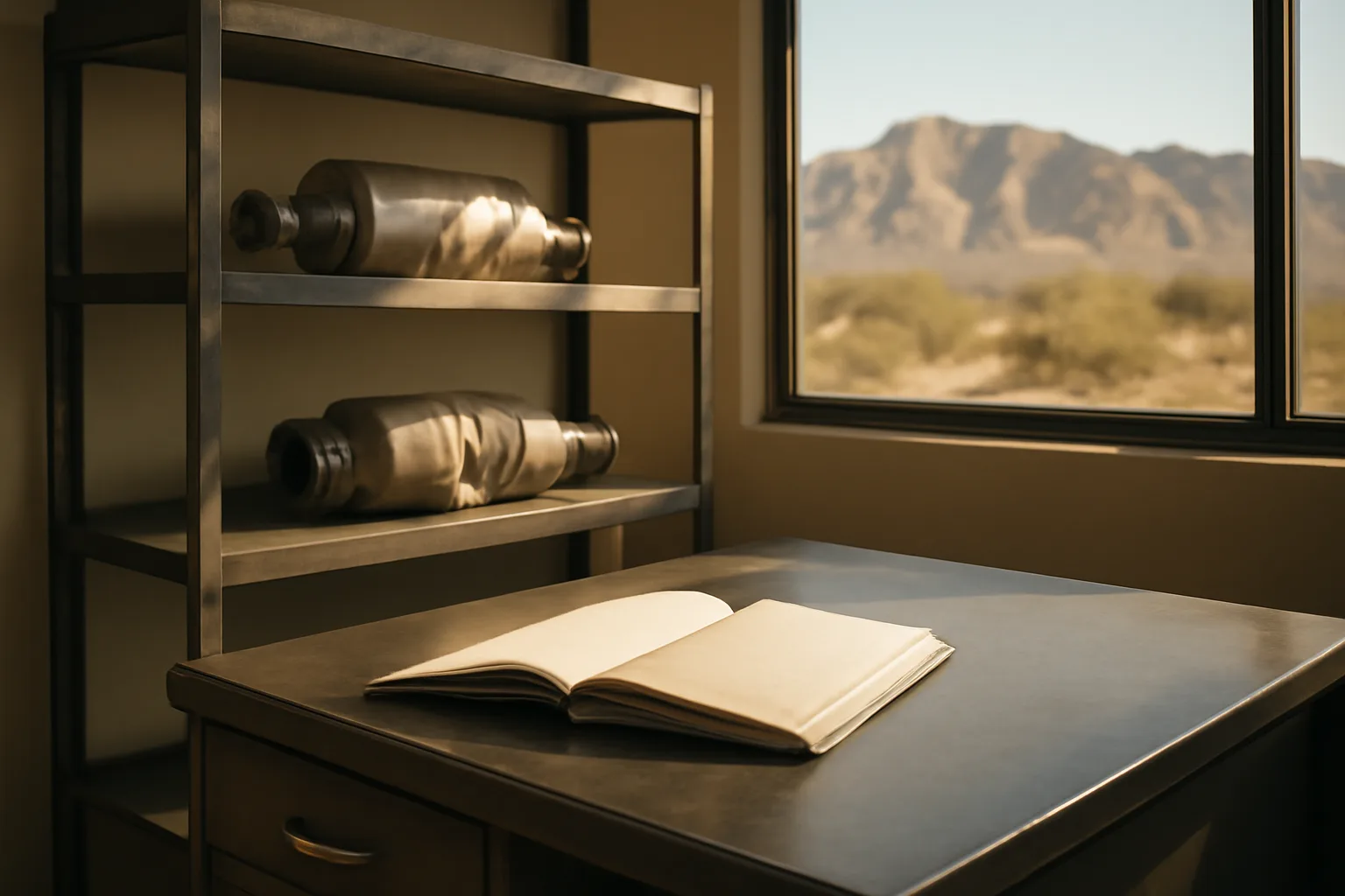 Arizona cat converter desk office with VIN logbook, tagged converters on a shelf, and desert view through the window
