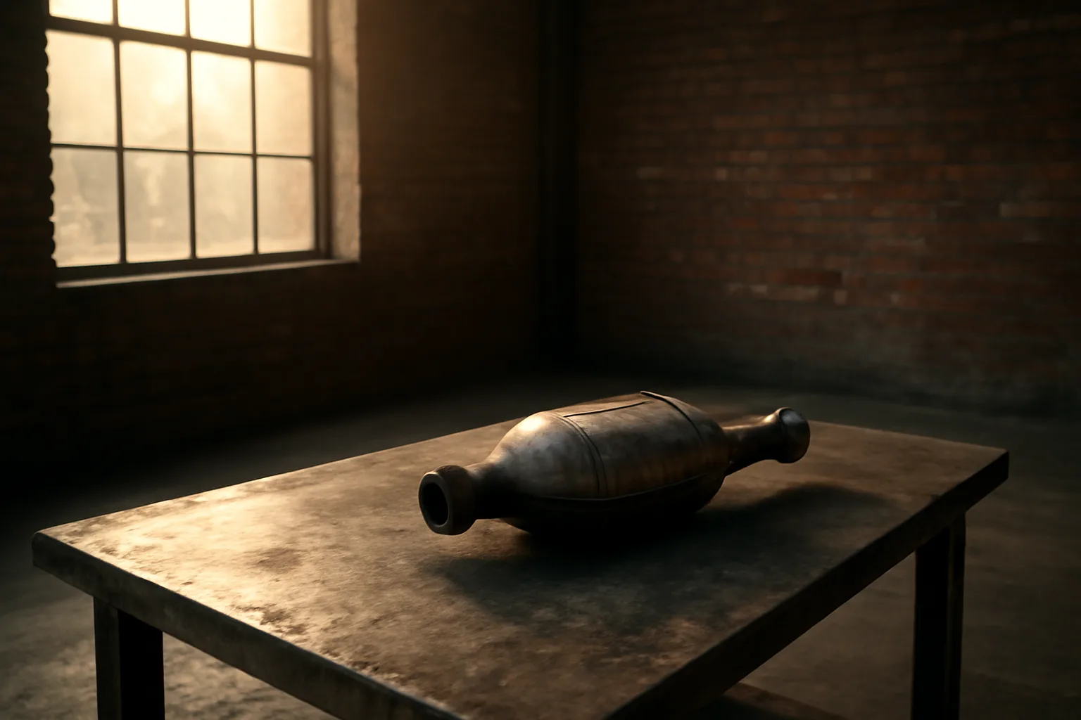 Catalytic converter on a steel bench in a Connecticut warehouse bay