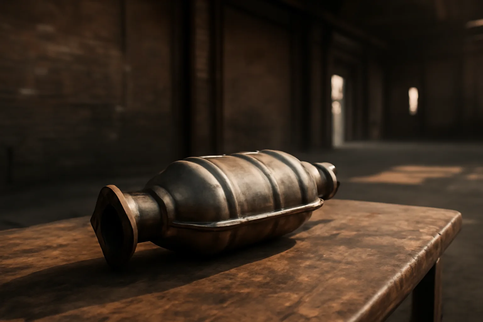 Bare catalytic converter on a workbench in a Delaware warehouse