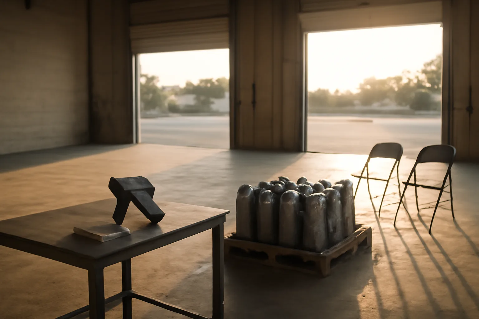 Sunlit Tampa warehouse table used as a cat converter desk