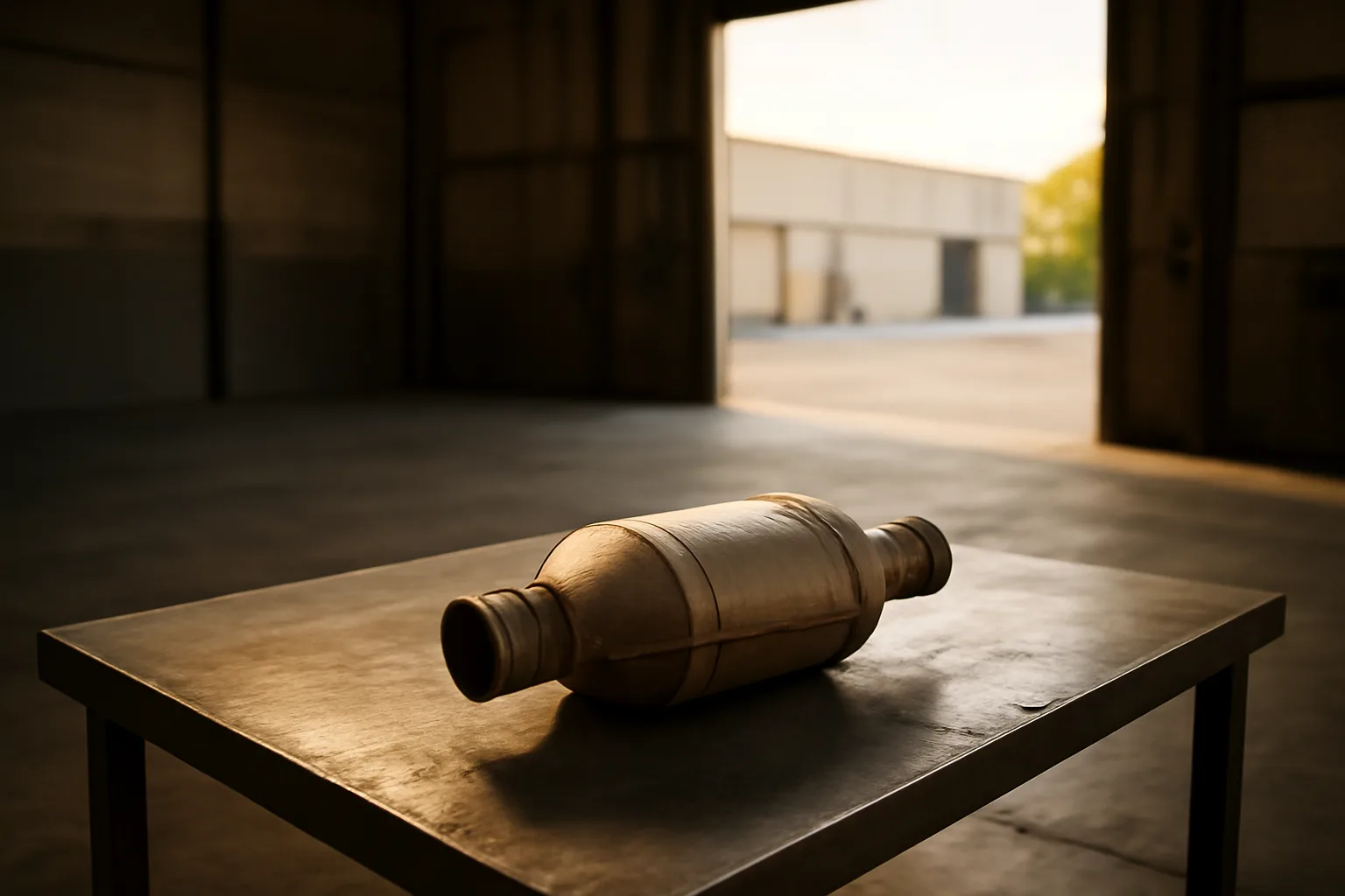 Catalytic converter on a steel table in a Georgia warehouse