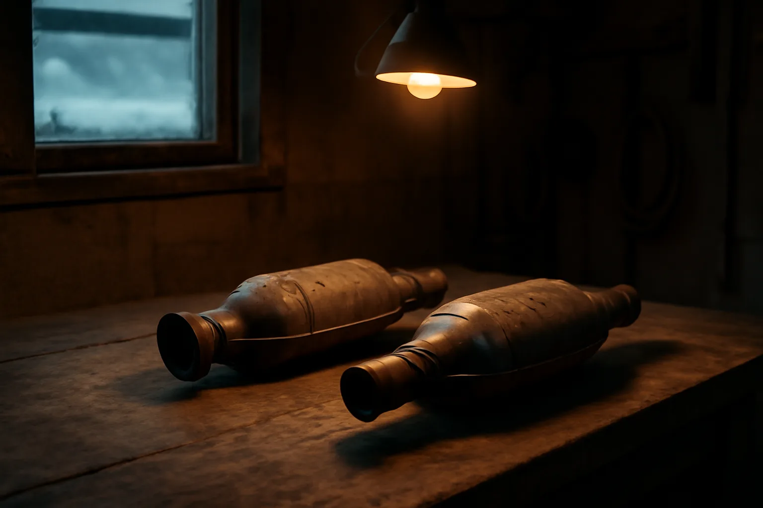 Two used catalytic converters on a wooden workbench in an Alaskan garage in winter
