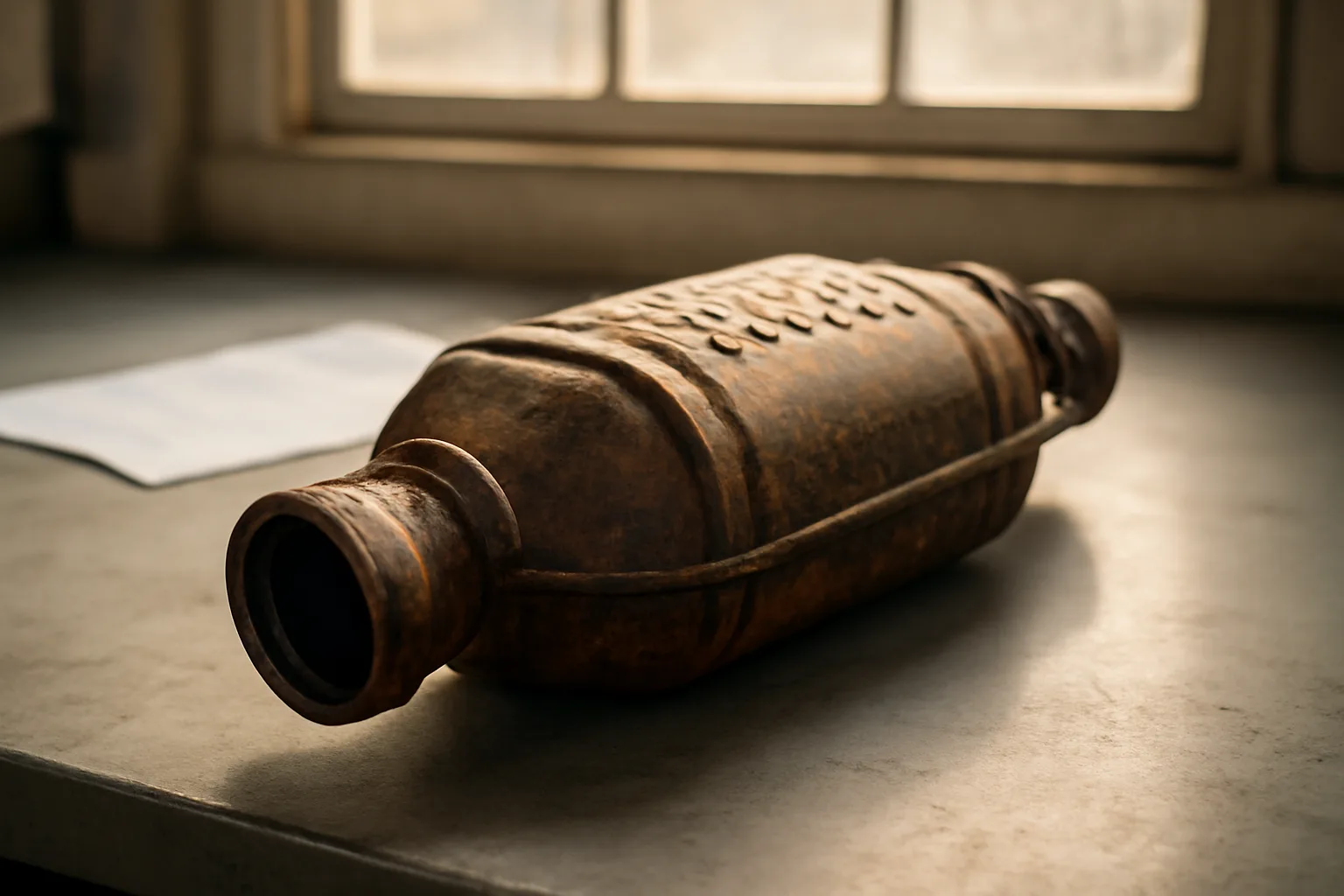 Used catalytic converter on workbench with California Core Recycler application form