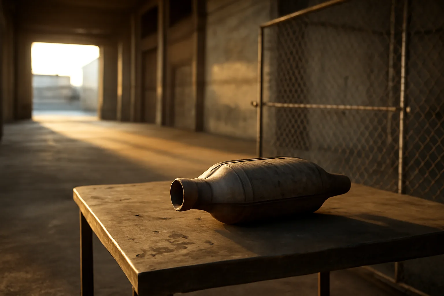 Used catalytic converter on a steel bench in a Colorado warehouse