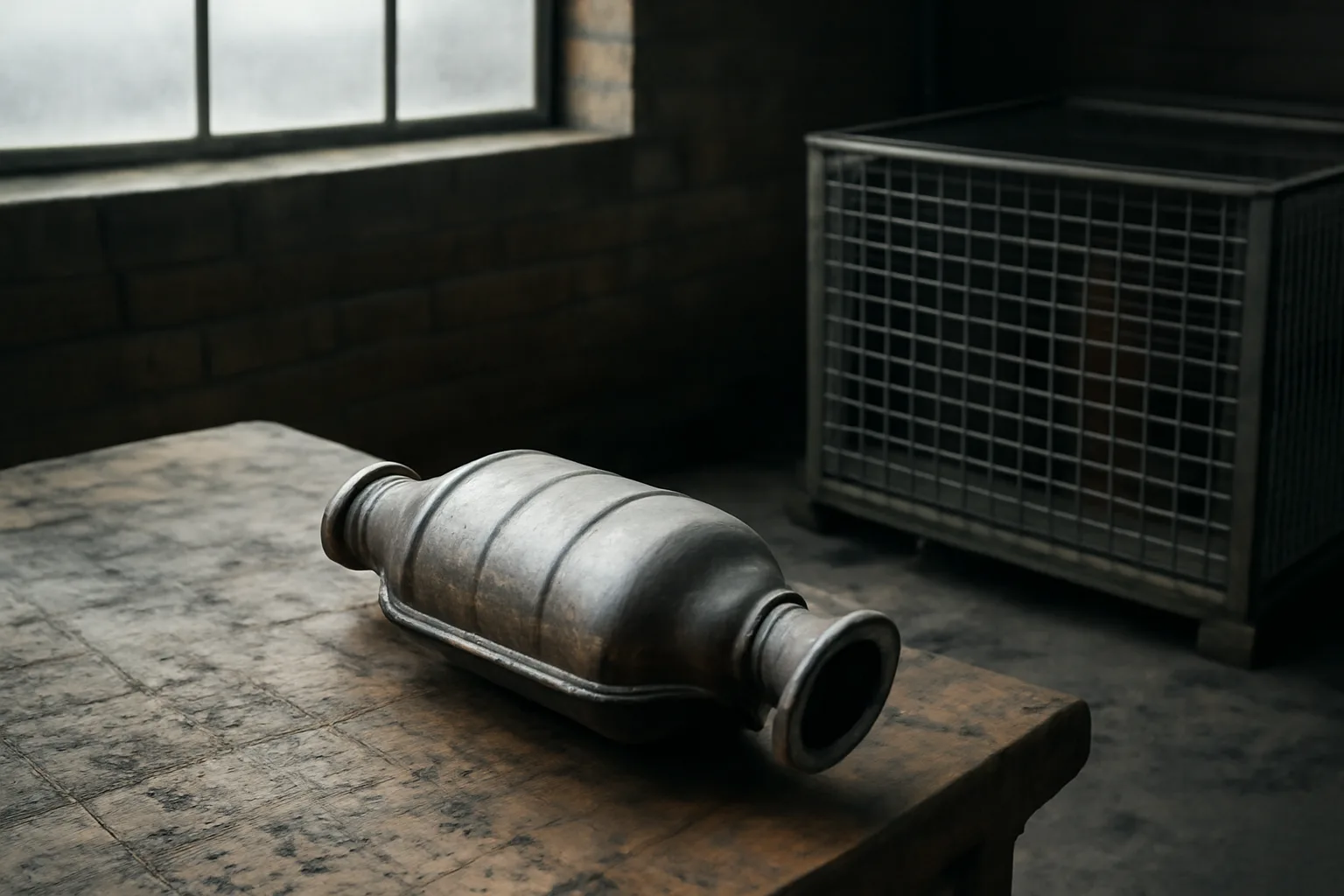 Catalytic converter on a workbench in a Connecticut garage