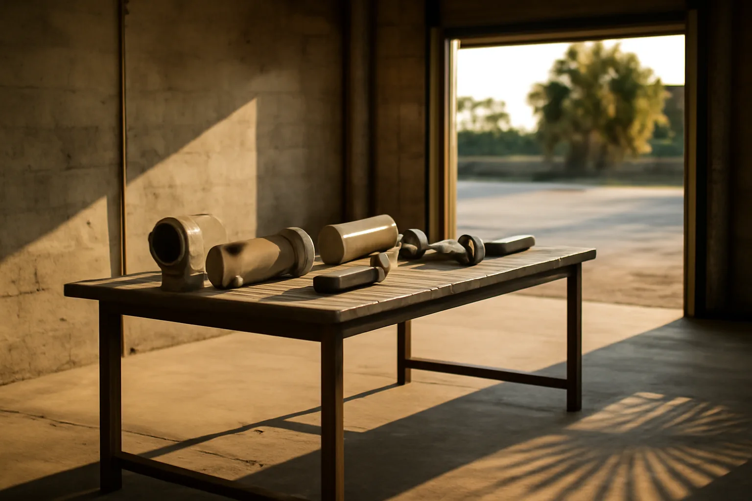 Catalytic converters on a steel table in a Florida warehouse