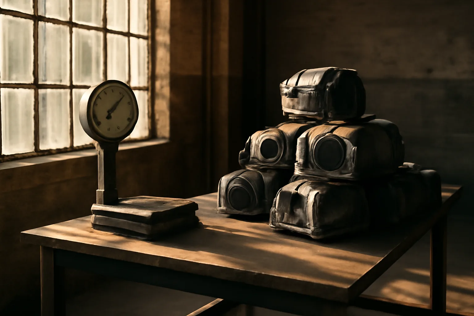 Georgia warehouse bench and scale beside catalytic converter housings