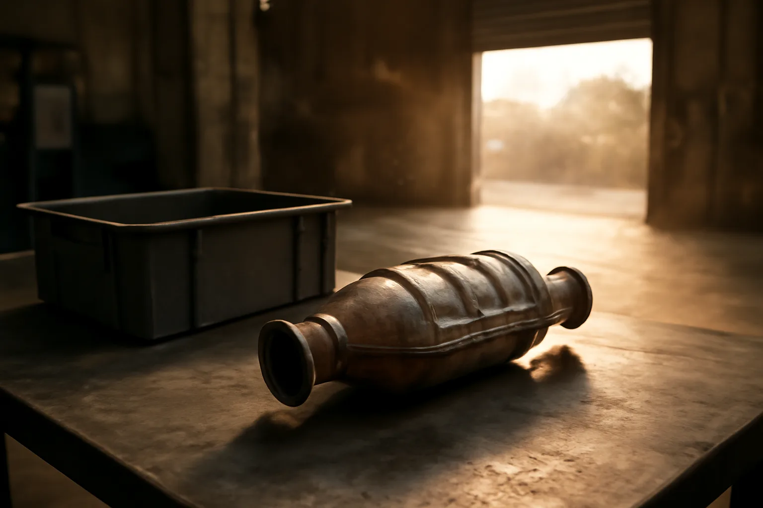 Catalytic converter on a steel table in a Honolulu warehouse