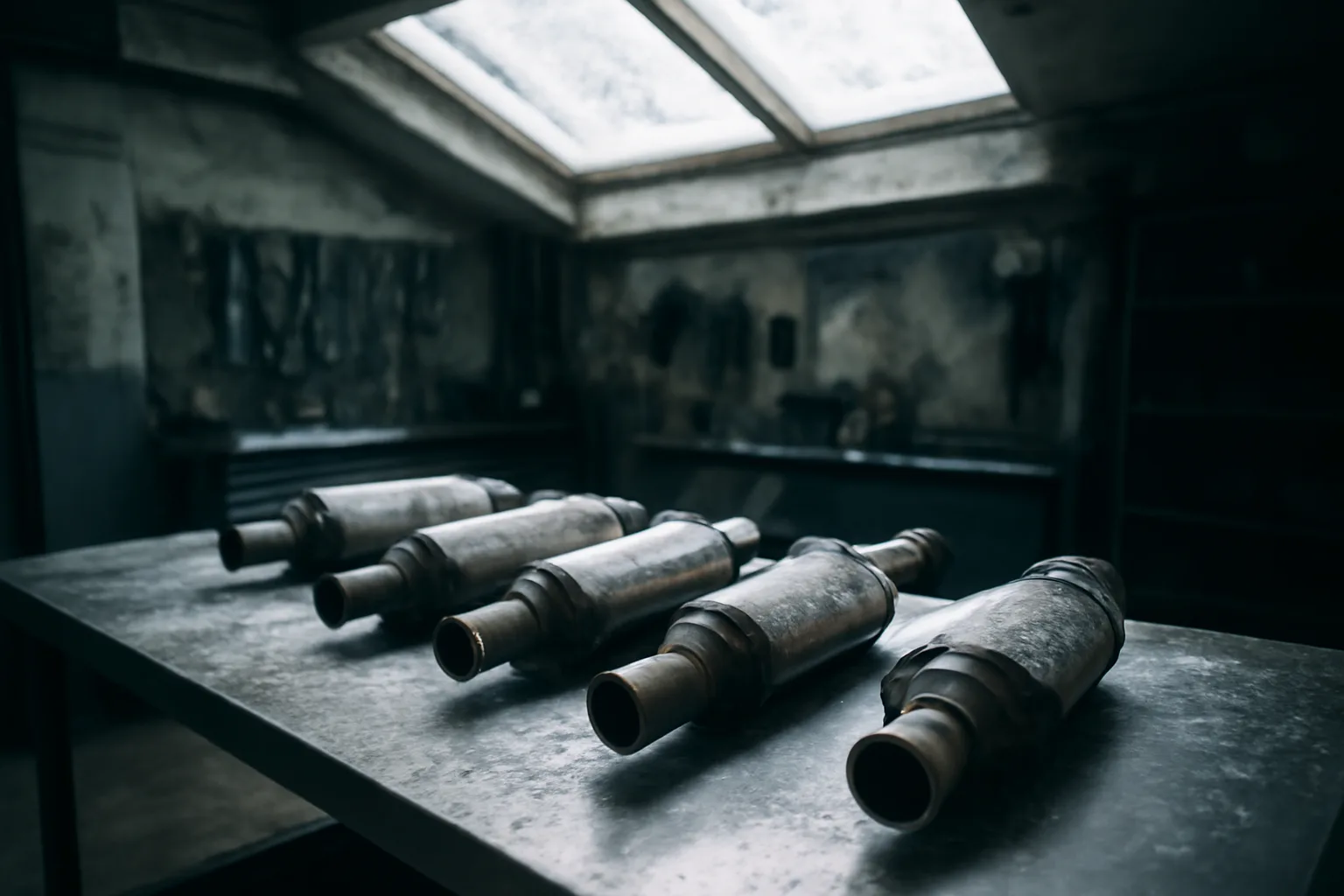 Catalytic converters on a metal worktable inside a cold Alaska garage