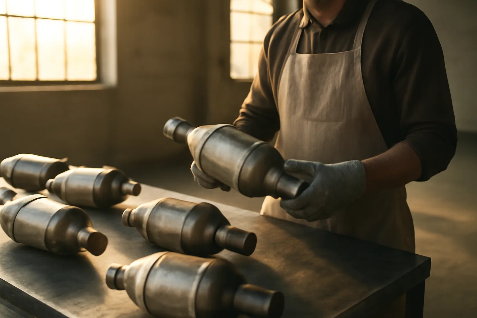 Gloved hands inspect catalytic converters on a sunlit warehouse table