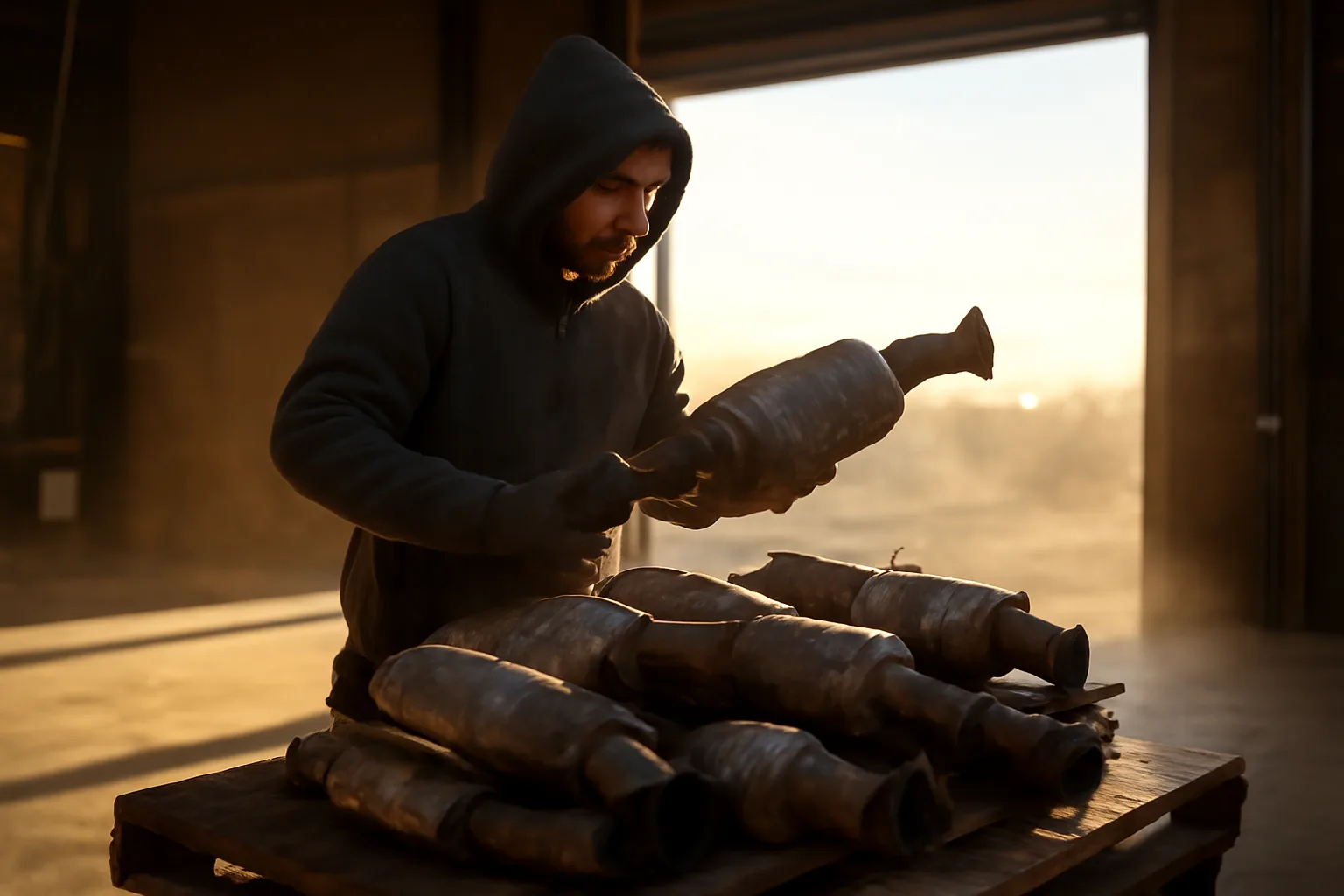 Worker handling catalytic converters at a Colorado cat converter desk