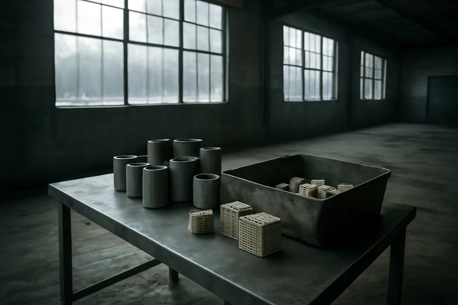 Catalytic converter scrap on a steel table in a Connecticut warehouse