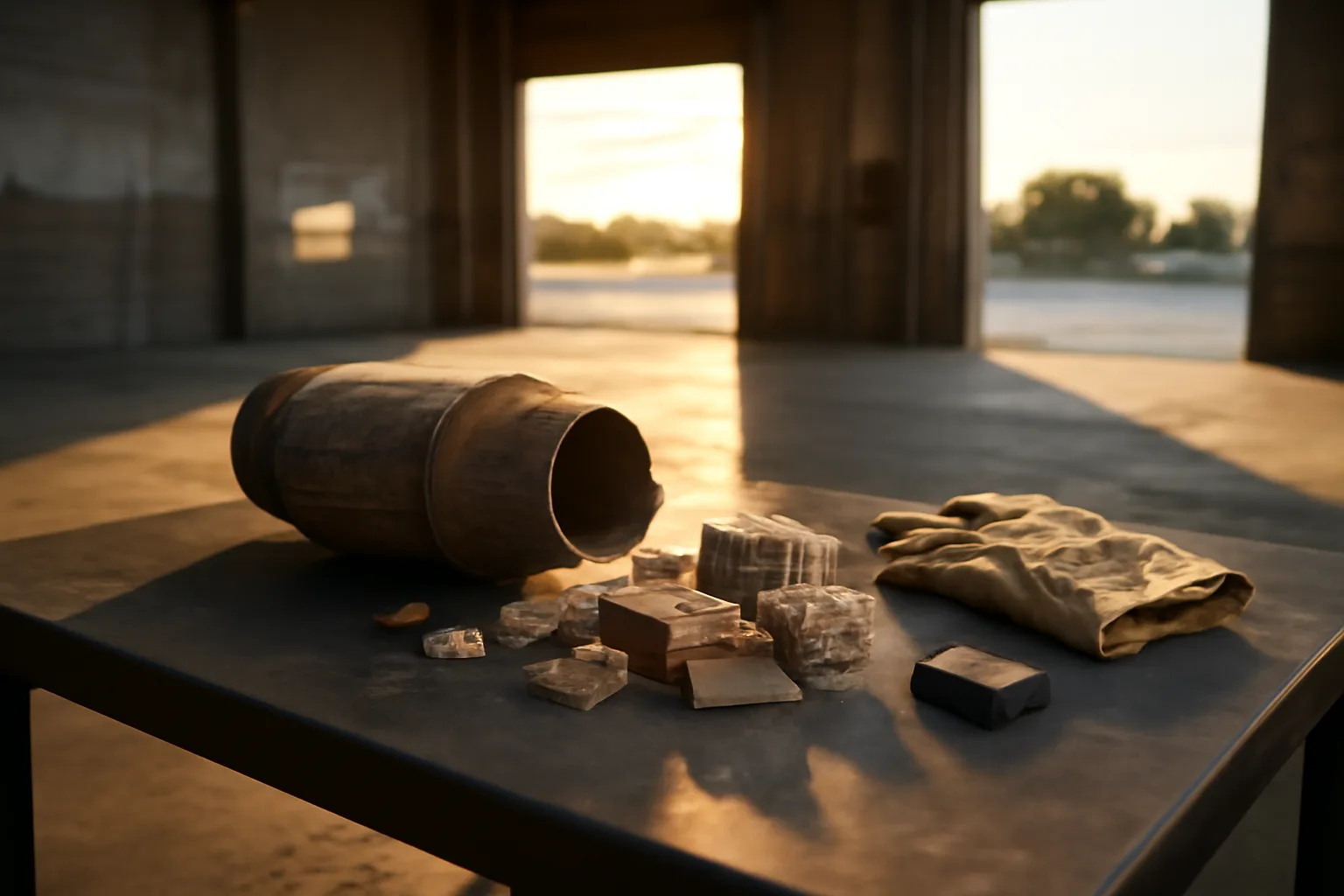 Catalytic converter shell on a steel table in a Florida warehouse