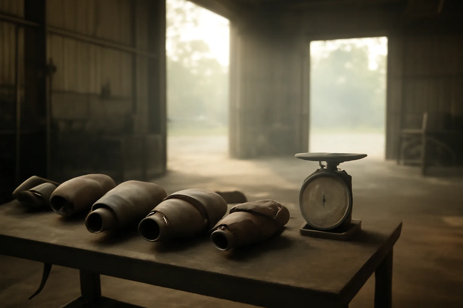 Georgia scrap-yard bench with catalytic converters in morning light