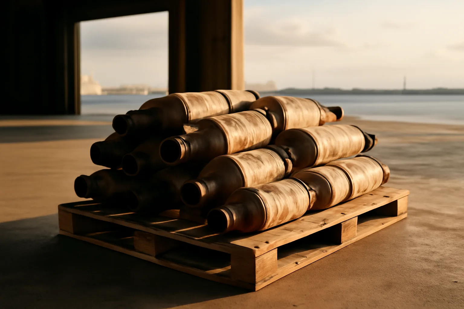 Catalytic converters stacked on a pallet in a Honolulu warehouse