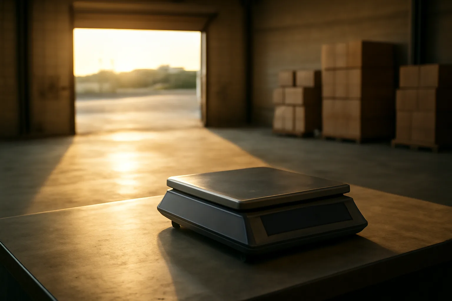 Steel scale on a warehouse receiving counter with open roller door and afternoon light