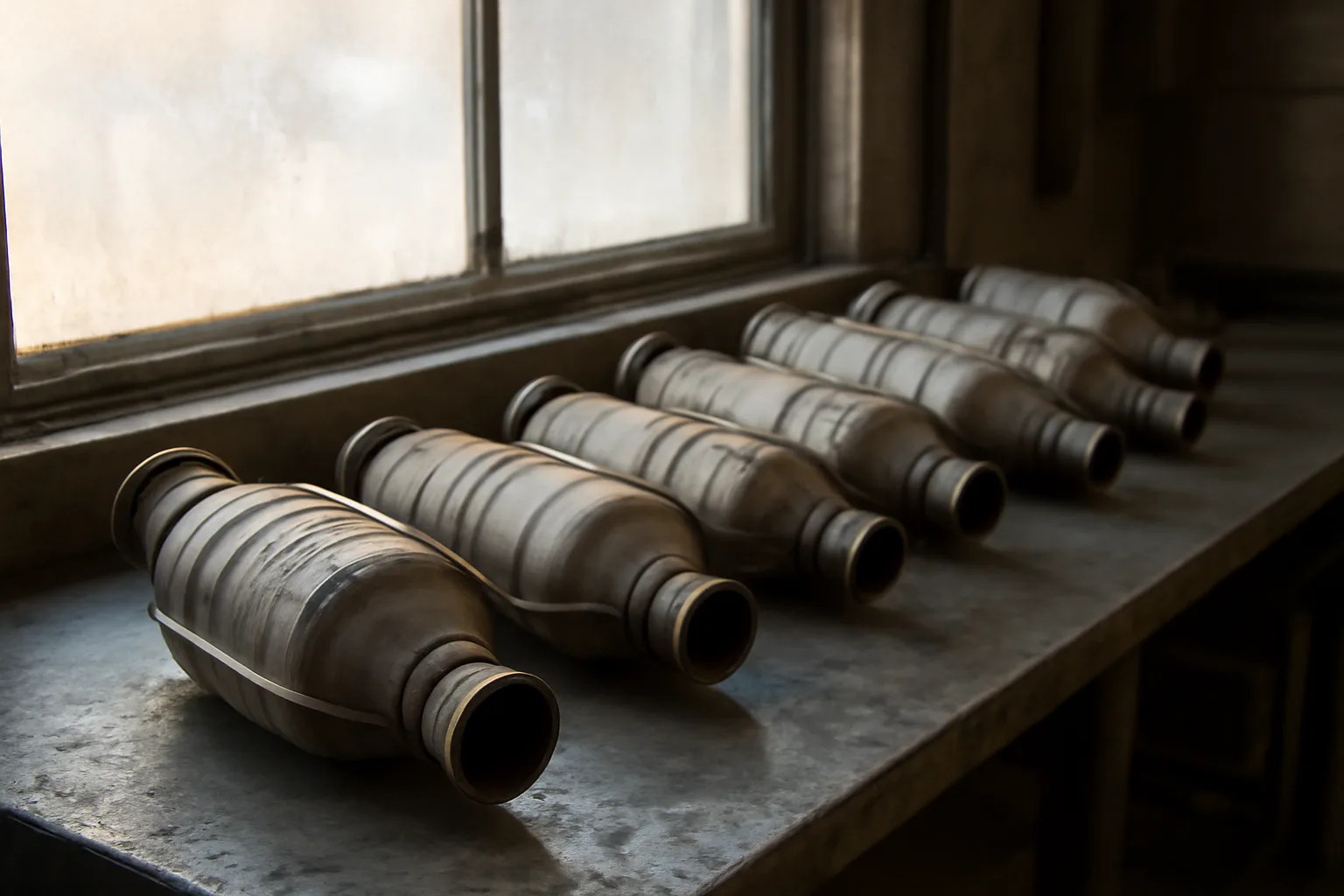 Used catalytic converters on a metal workbench in an Alaska automotive shop