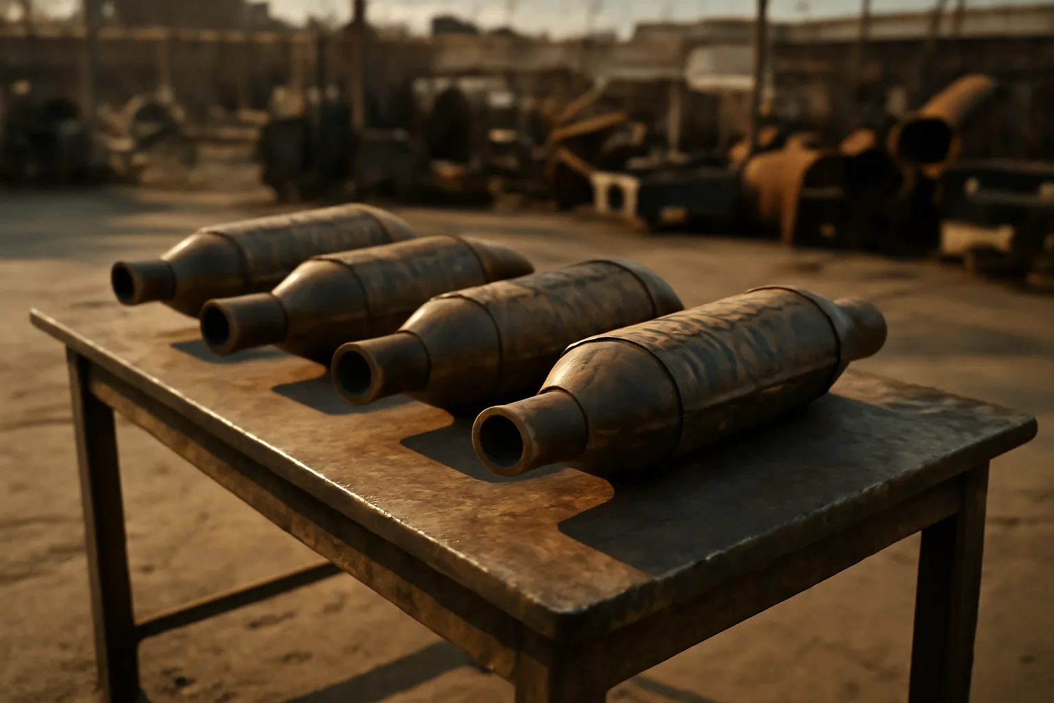 Used catalytic converters lined up on a workbench inside an Arizona scrap yard