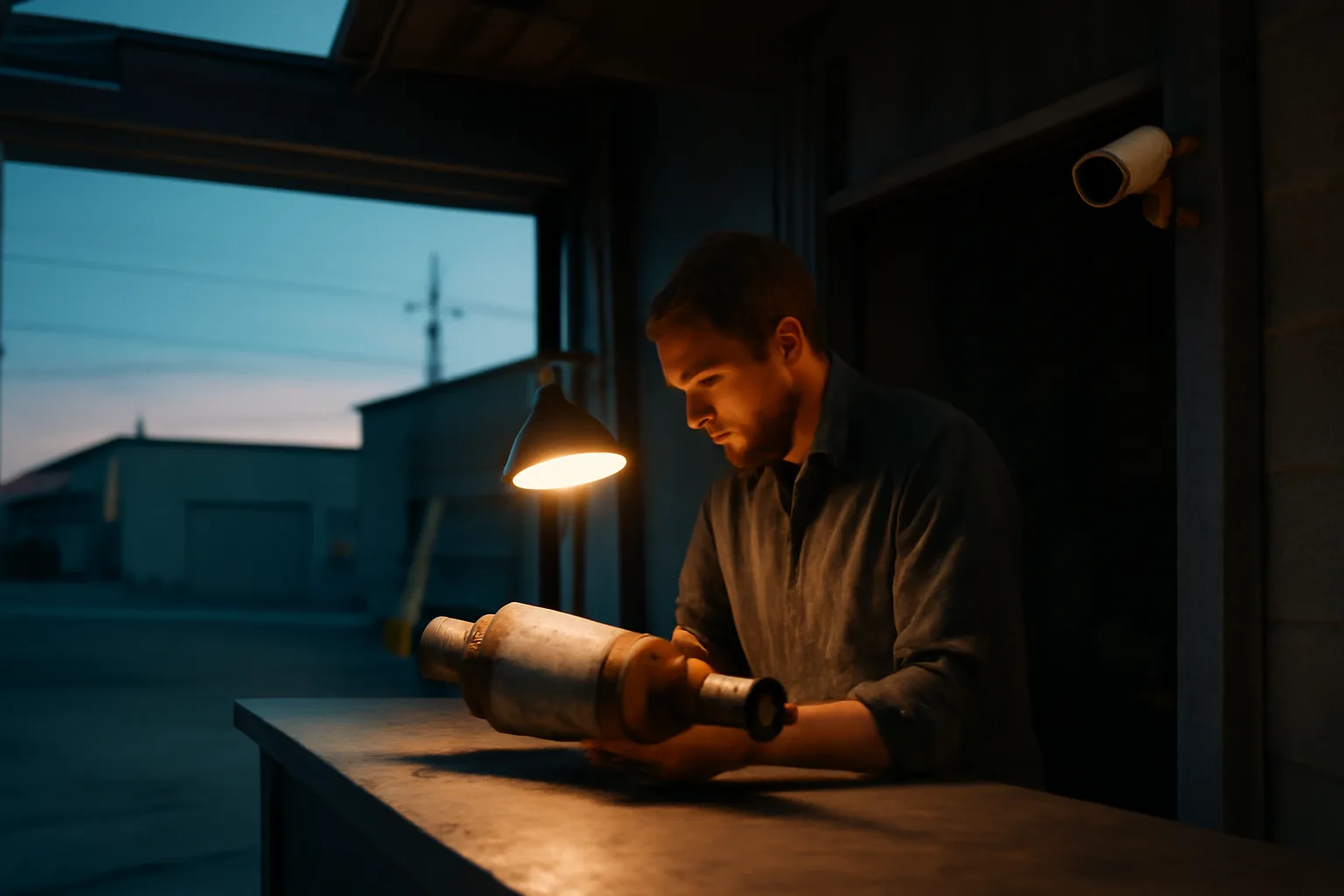 A person inspects a catalytic converter at a counter inside a small California industrial storefront