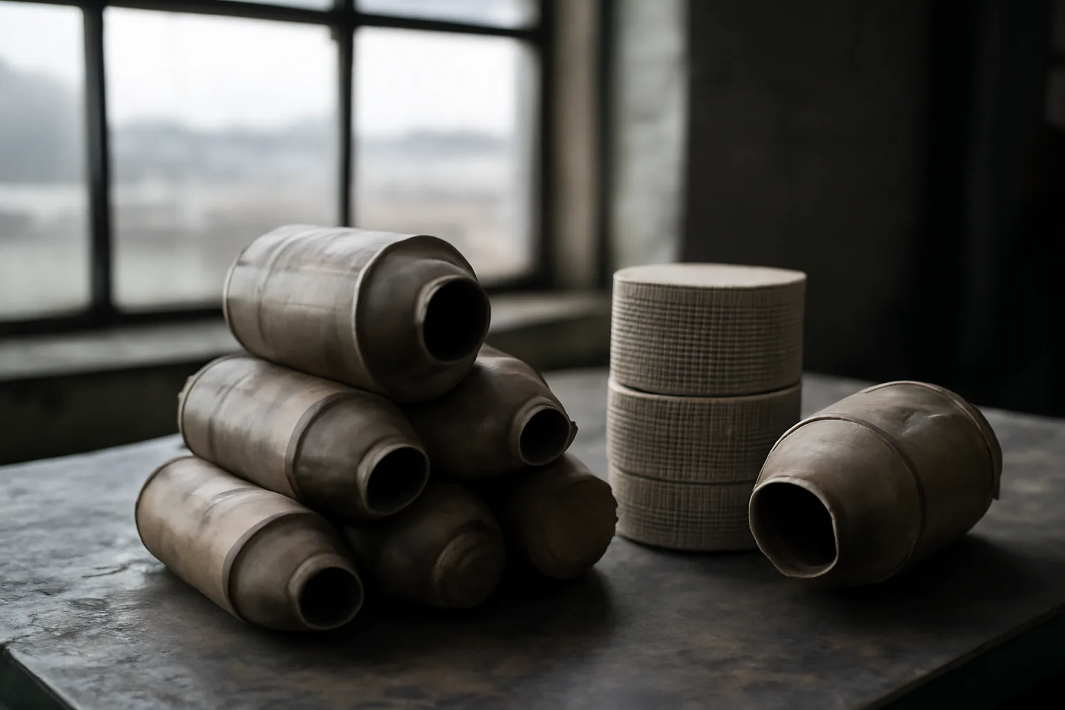 Cut catalytic converters on a steel table in a Connecticut shop