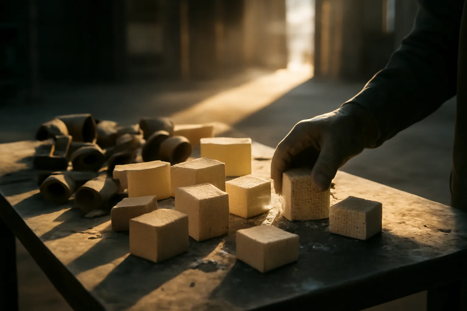Gloved hands sort catalytic converter cores on a Florida warehouse table