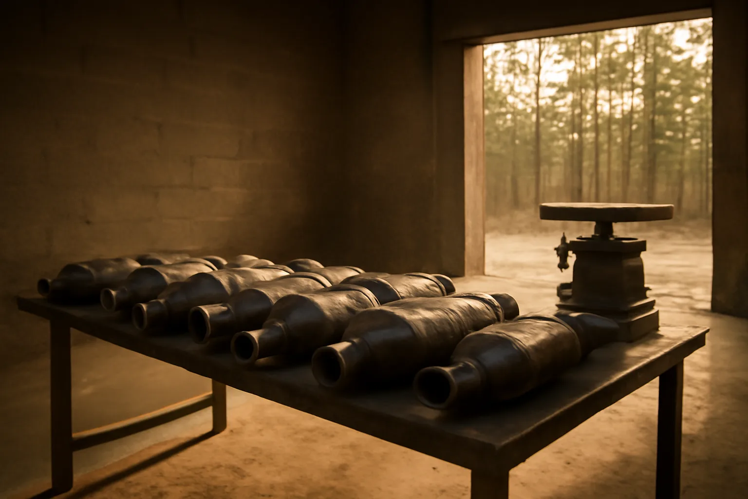 Uncut catalytic converters on a steel table in a Georgia warehouse