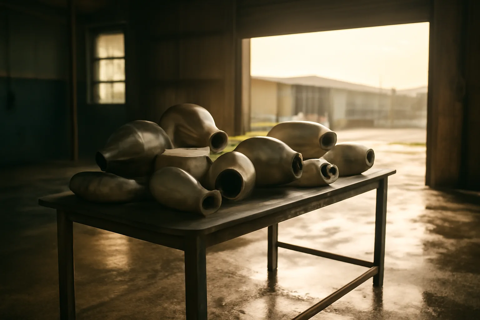 Unbranded catalytic converters on a steel table in a Honolulu warehouse